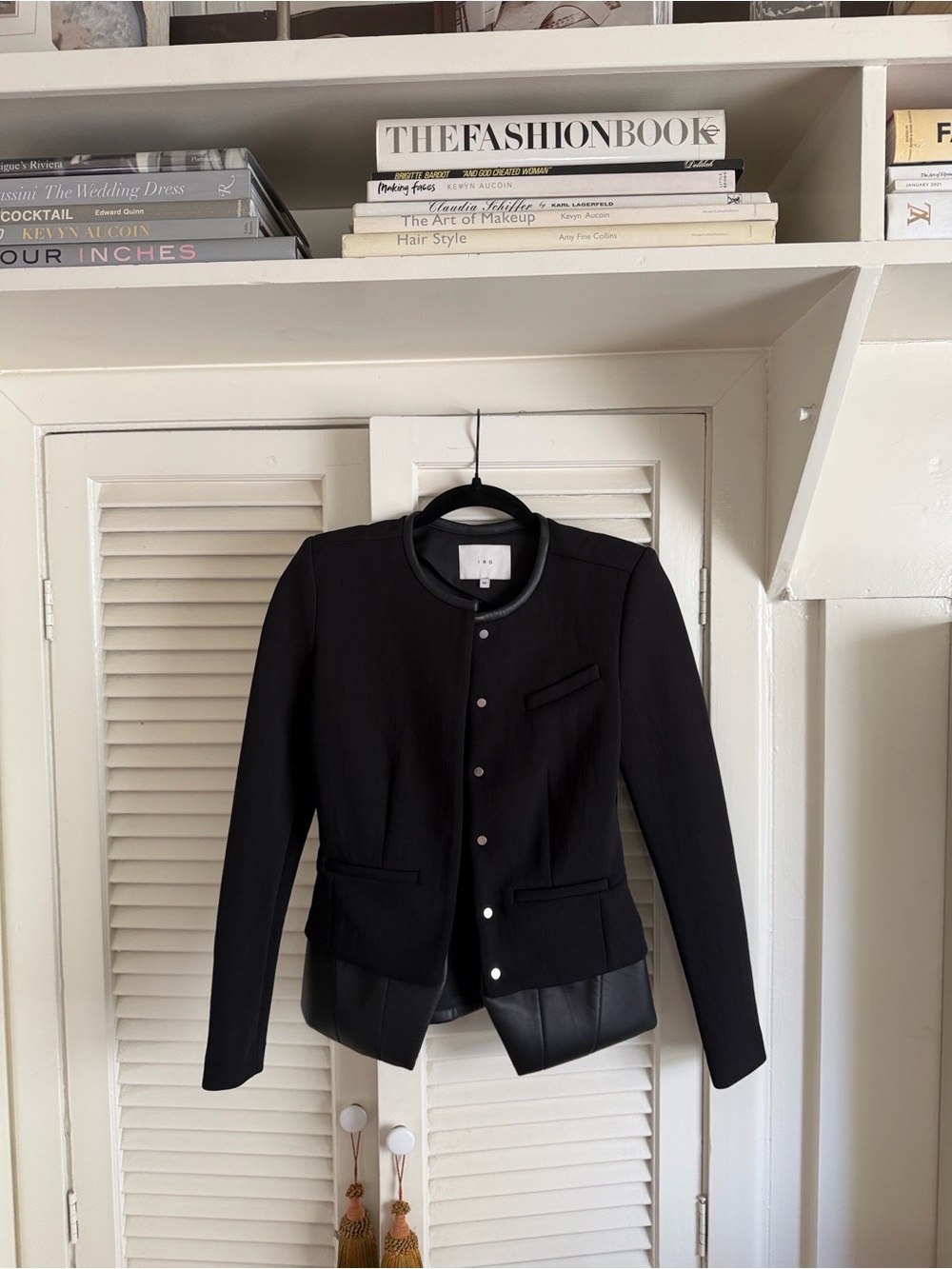 IRO Black Collarless Jacket with Leather Trim